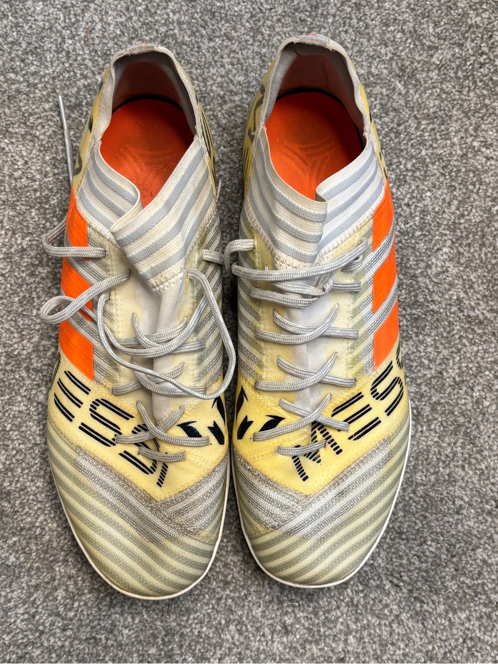 adidas Messi Indoor Soccer Cleats Turf Shoes Yellow/Orange with Silver Accents